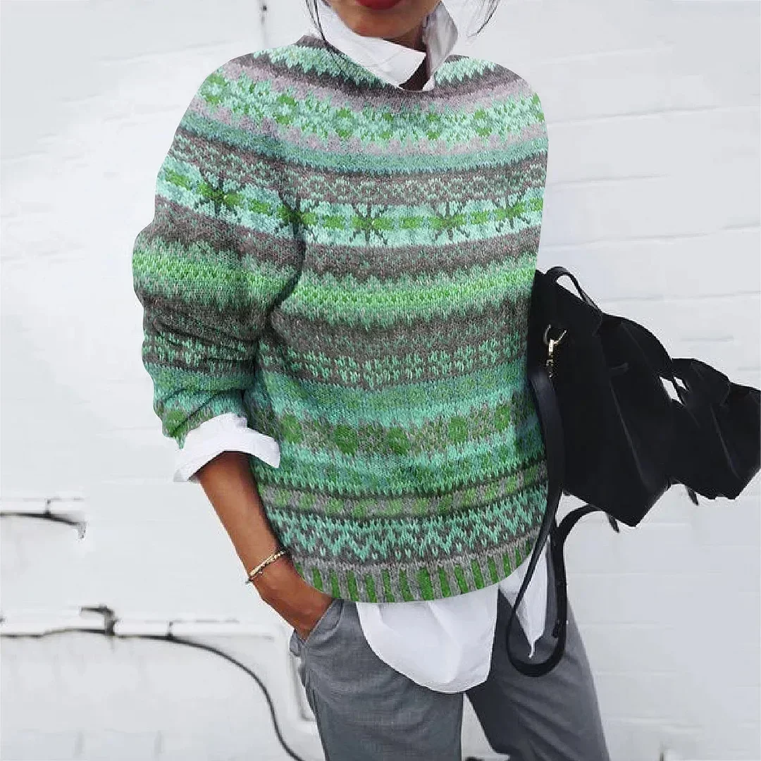 2024 Autumn Knitted Women Sweater Print O-neck Long Sleeve Keep Warm Loose Sweaters Female Winter Casual Trendy Ladies Clothes