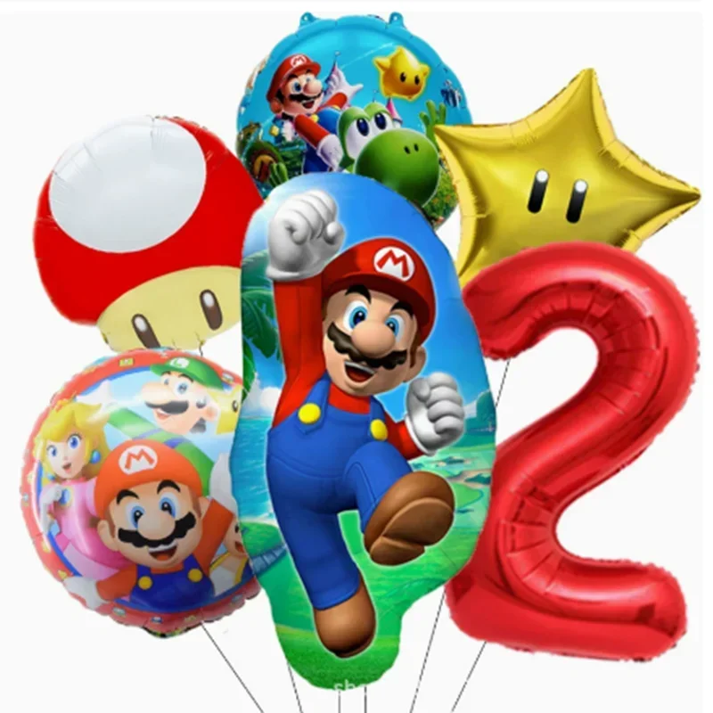 Set de 6 Globos de Aluminio con Diseño de Mario Bros, Globos Digitales para Decoración de Fiestas de Cumpleaños Infantiles