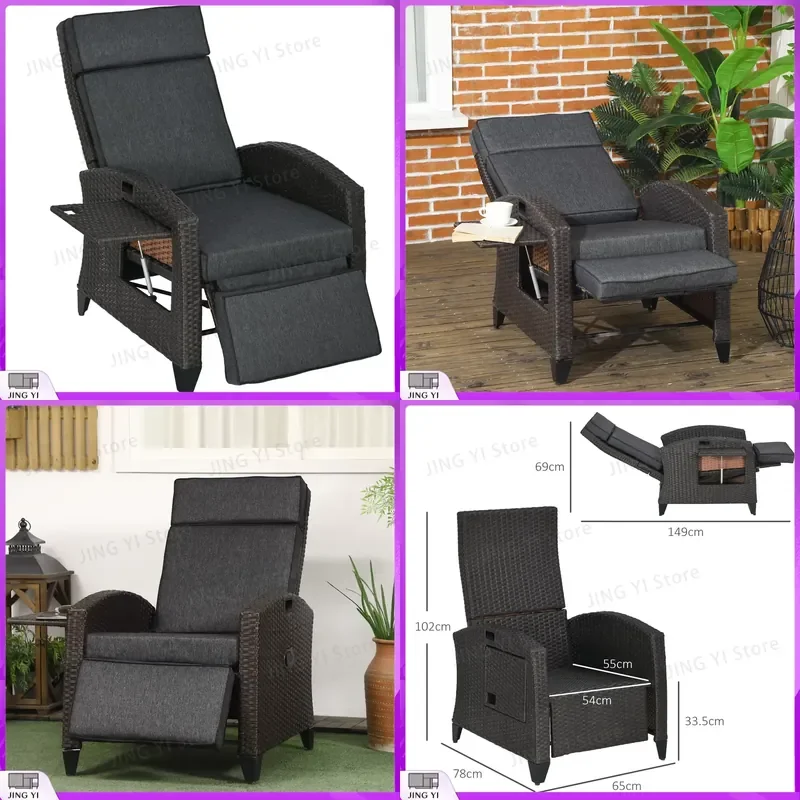 Outdoor Recliner Chair with Cushion PE Wicker Patio Lounge Chair Adjustable Footrest Armrests Sun Lounger Beach
