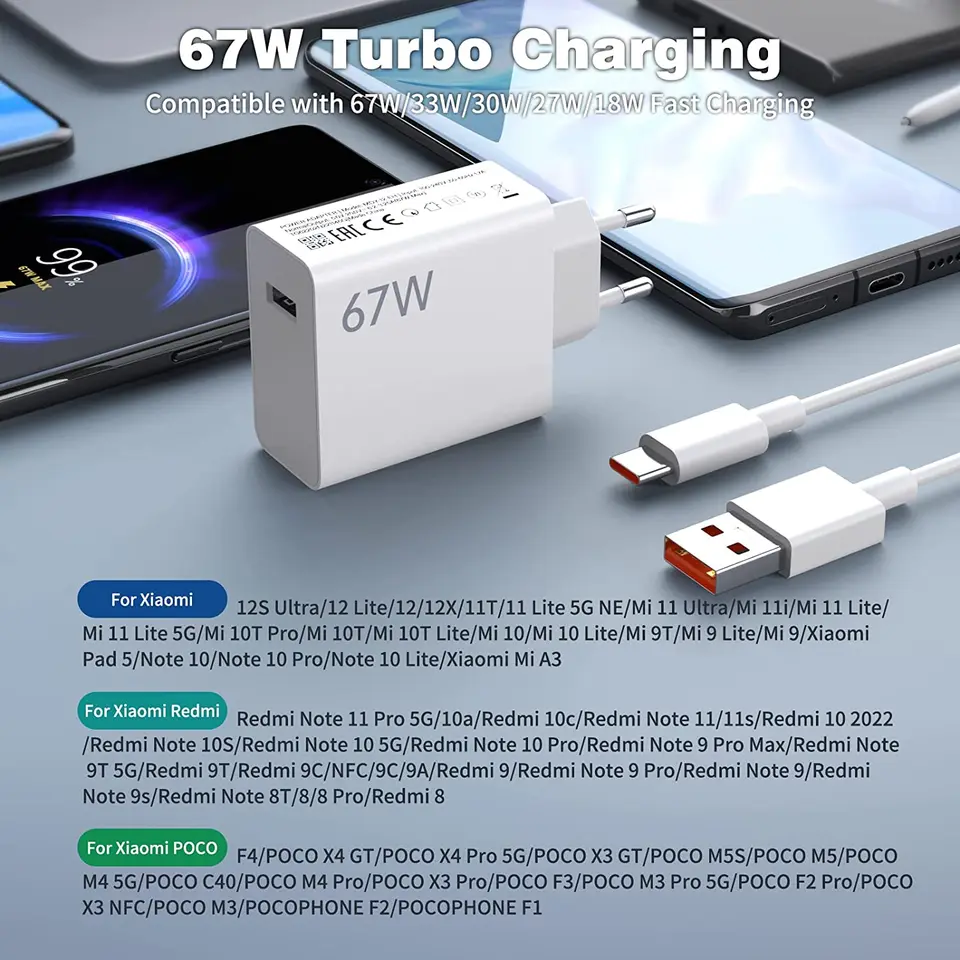 Cargador rápido especial de 67W para Xiaomi 14t, 13t, 13lite, 12, 12s Ultra, 12x, 11t, Redmi Note 12pro/11pro 4