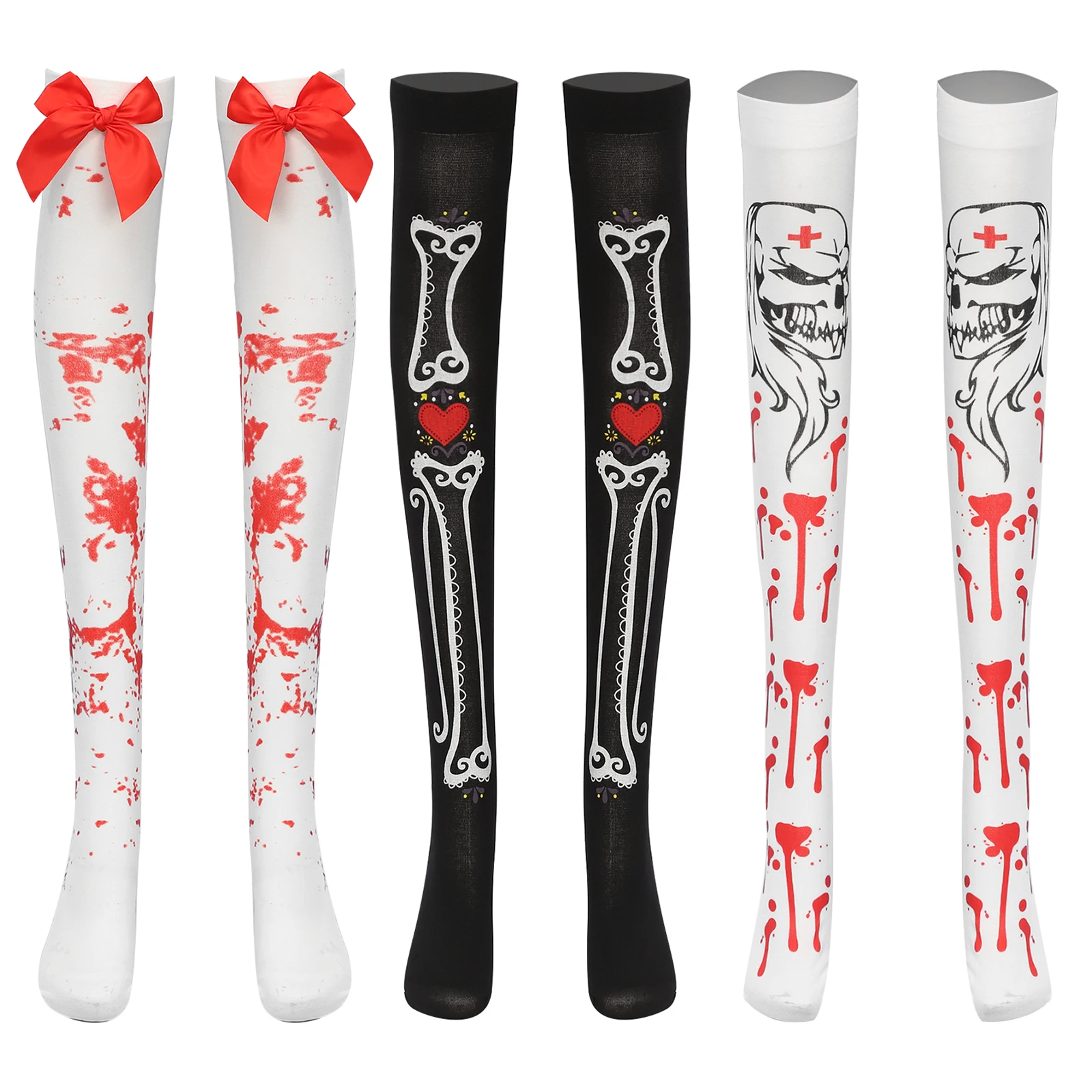 Women's Over Knee Socks Gothic Dark Skull Crossbones Death's Head Bloody Stockings For Halloween Cosplay Theme Party Costume