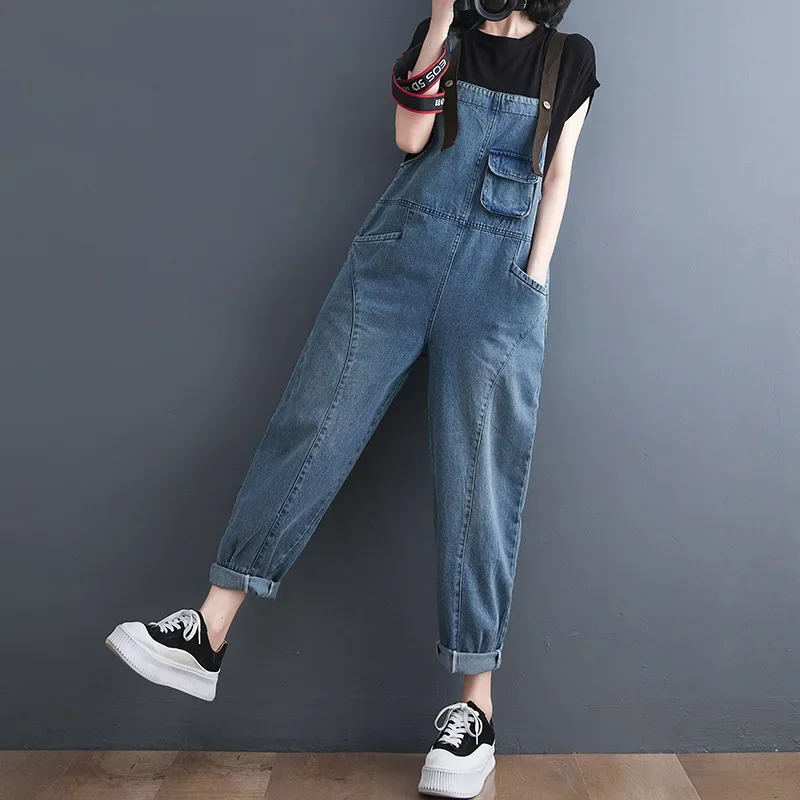 Pagliaccetti in Denim senza maniche da donna primavera autunno tute Vintage pantaloni larghi a gamba larga tute Casual da donna tute corte