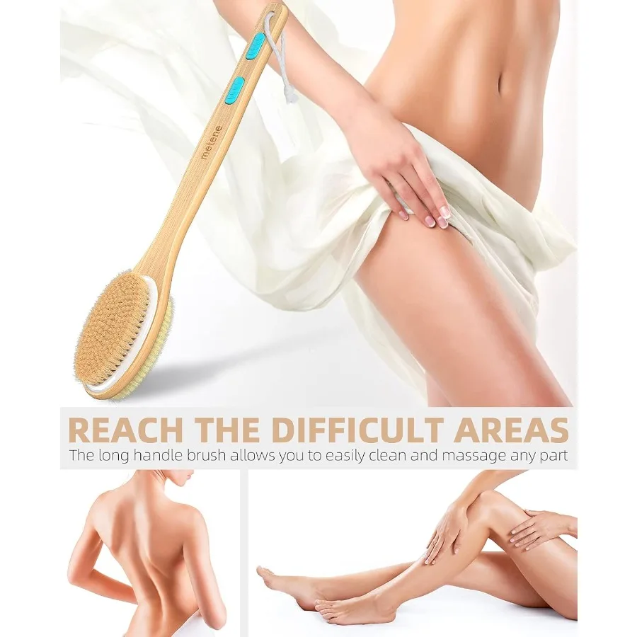 Sikat mandi dua sisi dengan bulu lembut dan kaku untuk pengelupasan kulit yang efektif, desain gagang panjang ideal untuk penggunaan basah atau kering.