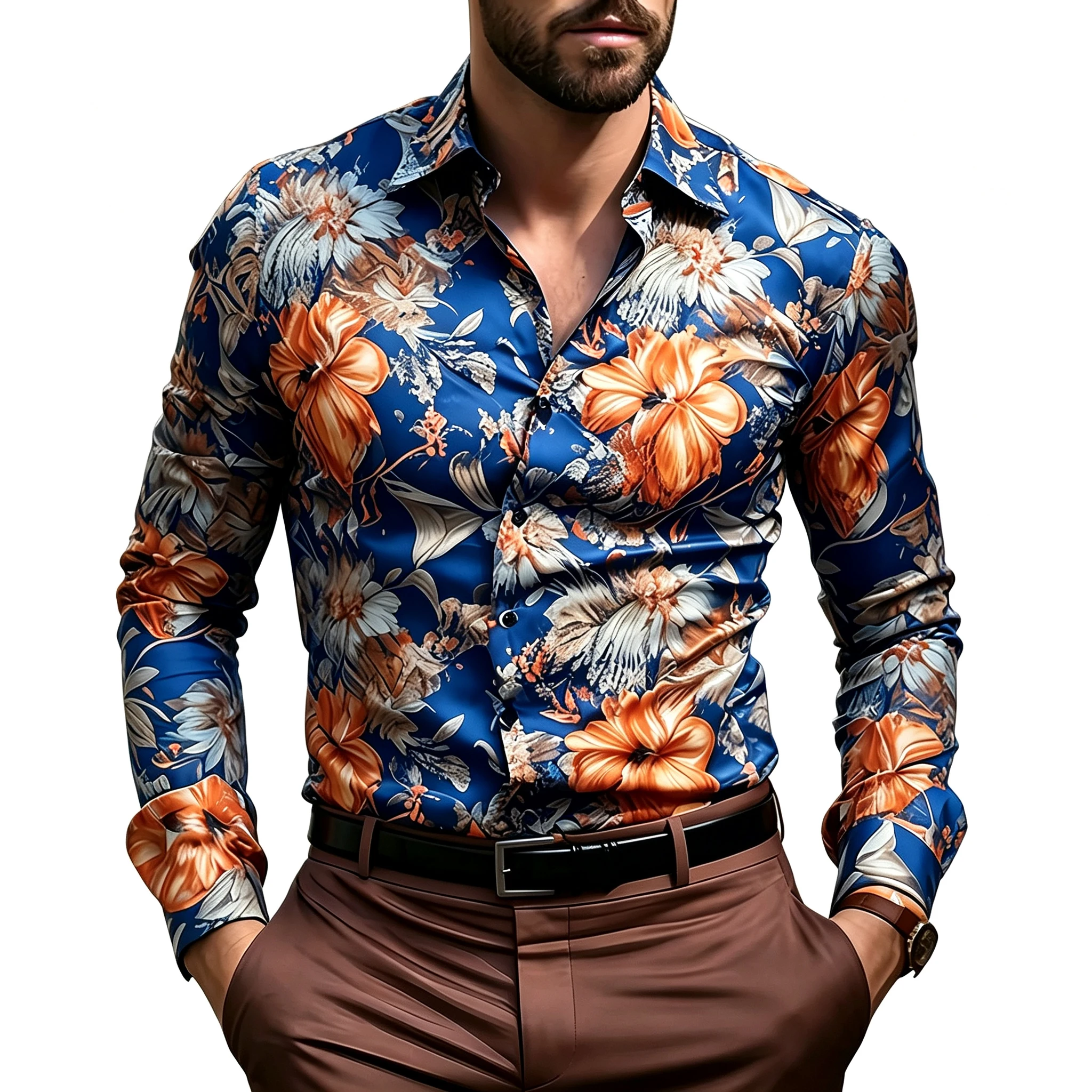Men's long-sleeved printed shirt, all-over print, stretch fabric, slim fit, wrinkle-free, luxurious banquet printed shirt.