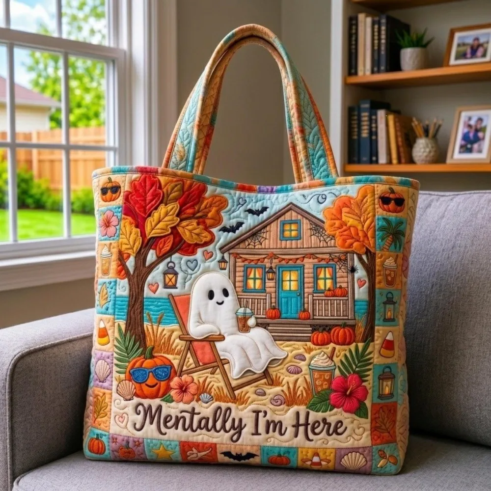 Trendy Ghost Halloween Tote Bag Pumpkin Cat Quilted Handbag Large Capacity Vintage Travel Storage Bags Travel