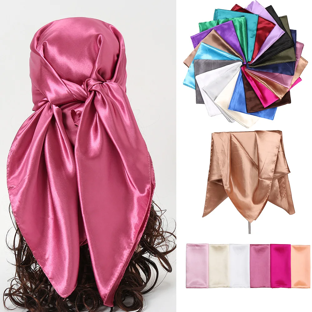 Woman For Hair Scarf Solid Color Head Scarf Blcak Square 90*90 Silk Foulard Satin Bandana Cheveux Neckerchief Hijab Accessoires