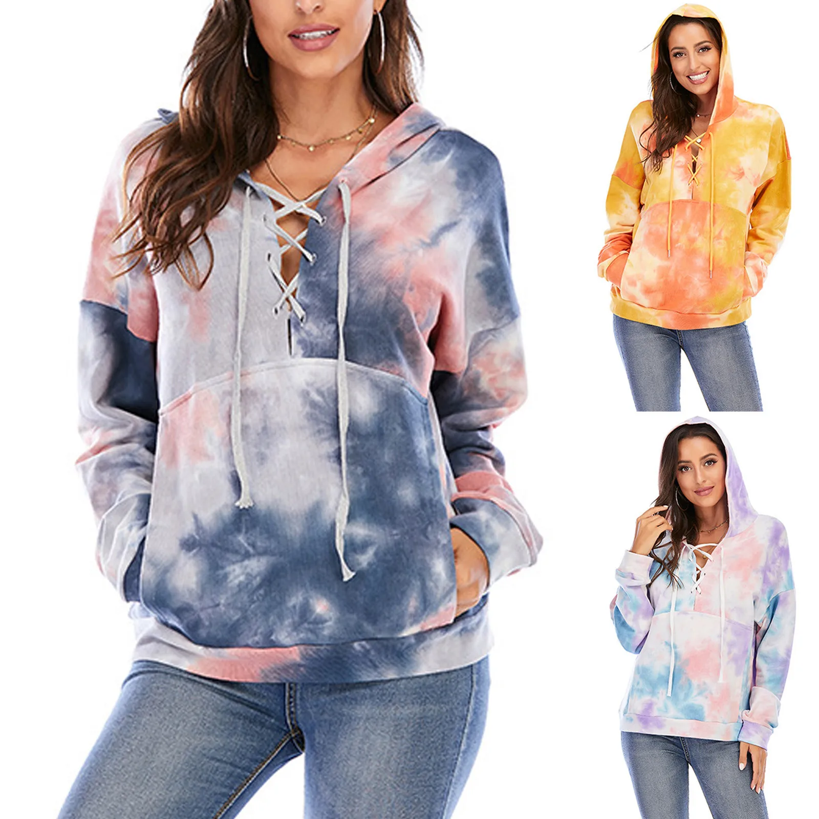 

Women Print Long Sweater Round Blouse Tops Tie-Dyed Fashion Sleeve Hooded Women's Blouse Oversized Hoodie Kpop