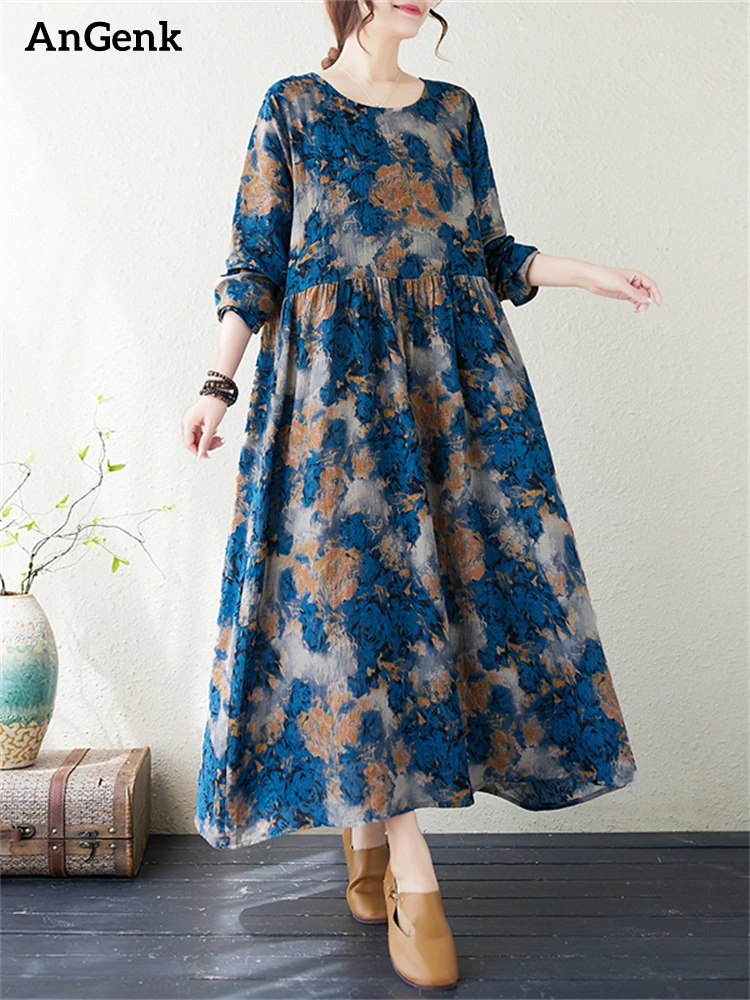 

Cotton Long Sleeve Print Vintage Autumn Dresses Women 2023 Casual Loose Dress Femme Robe Office Lady Vestidos Elegant Clothing