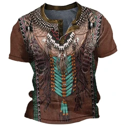 2024 Henley men's ethnic style shirt, 3D printed street clothing, retro, button, short sleeved,S-6XL