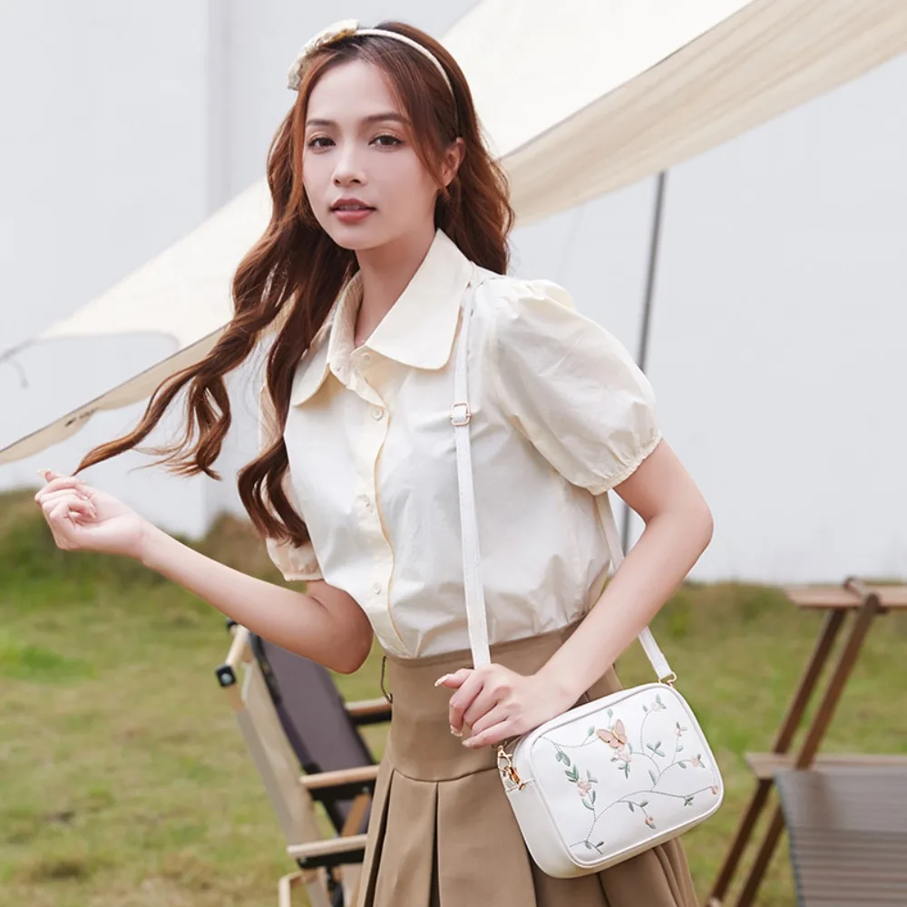 

Casual Butterfly Embroidered Crossbody Bag Zipper Ethnic Style PU Leather Shoulder Bag Purse Messenger Bag Handbag Vocation