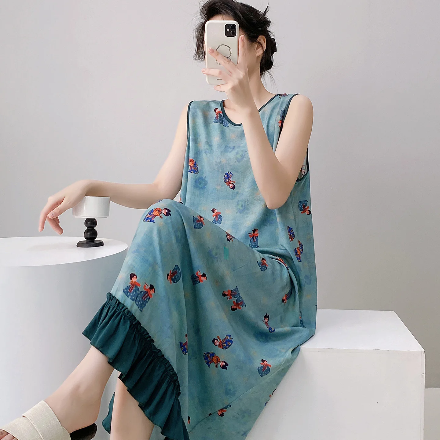 

New Chinese Style Summer Thin Cotton Silk Sleeveless Vest Sleep Dress Women Loose Home Clothes Set Can Be Worn outside Vest