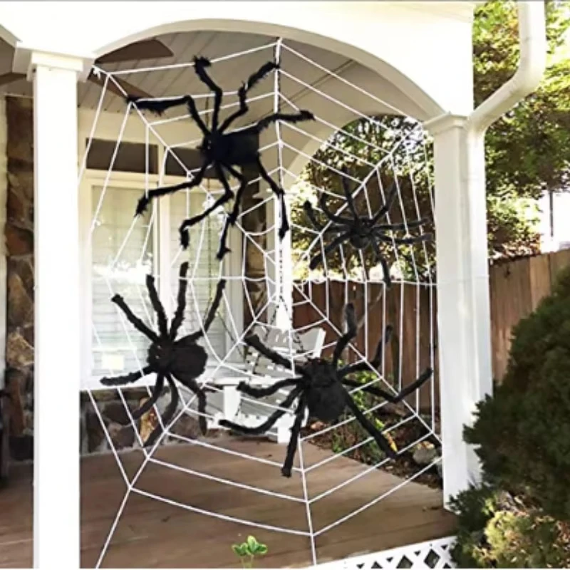 Riesiges rundes Spinnennetz und große haarige künstliche Spinne – gruselige Requisiten für Halloween-Dekorationen für Garten, Tür & Outdoor-Deko, Partygeschenke – Detail 8