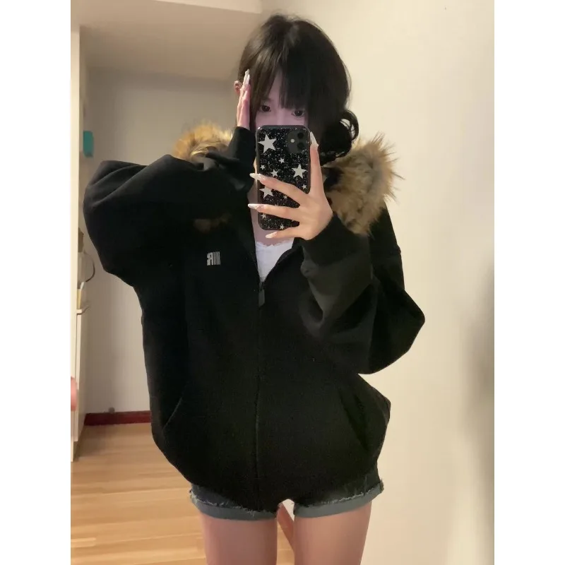 American Vintage Harajuku Letter Print Hoodeds Autumn Winter New Street Ins Style Black Coat Oversized Women's Casual Outwear