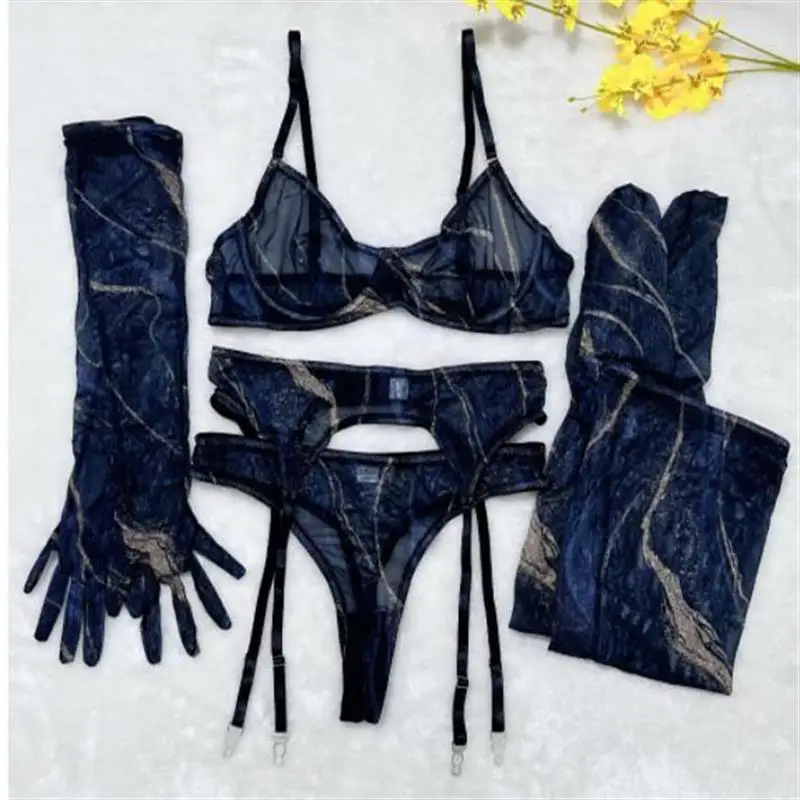 

Sexy Tie Dyed 5-Piece Lingerie Set Women's Underwear V-Ne Strapl Floral Print Pure Desire Sle Four Seasons Universal