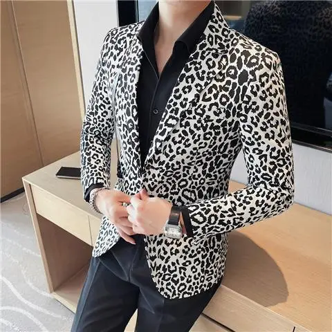 4-G10  High-end leopard print suit jacket for men trendy 2023 new Korean styleslim ritish style casual suit tops