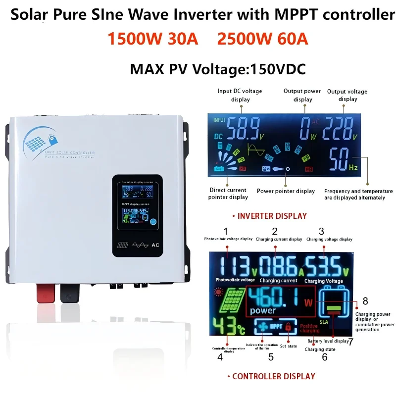 Power Inverter 1500W 2500W 12v 24v 48v MPPT Hybrid Off Grid Pure Sine Wave 30A 60A 220v 230v 50/60hz Solar Inverter Charger