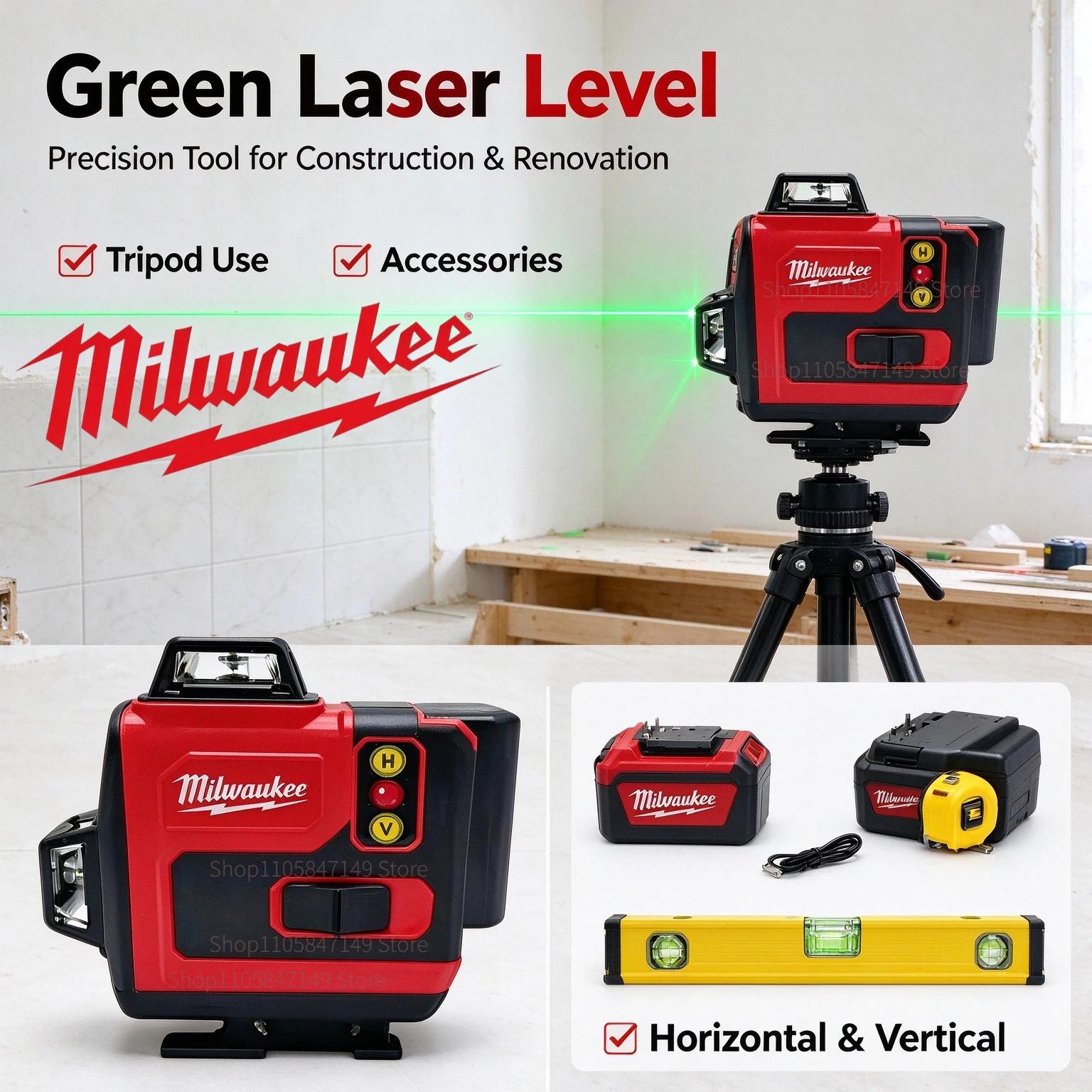 Milwaukee M18 Powered 4D Laser Level, 6-Line Green Beam, 360° Full Coverage, Smart Self-Leveling for Construction & Renovation.