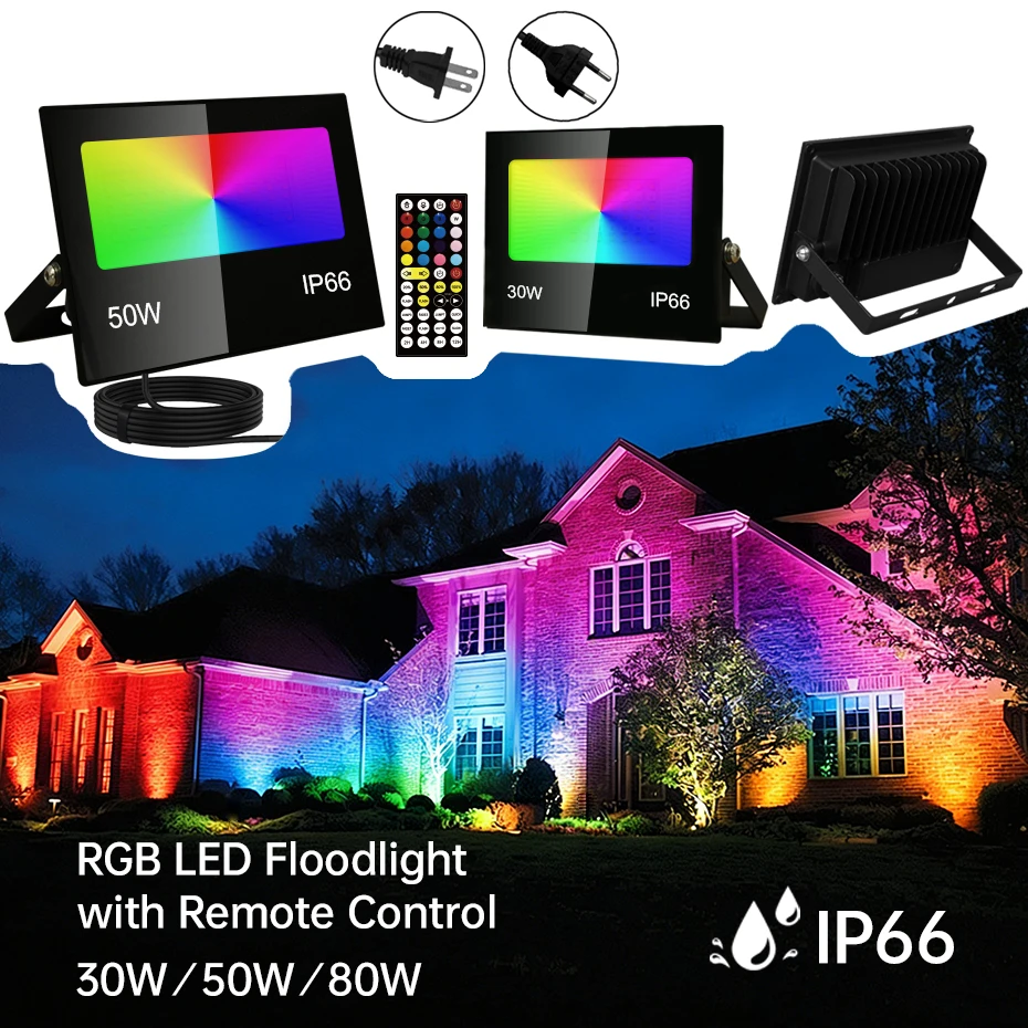 

Светодиодный прожектор RGB/теплый белый свет 110В/220В, для улицы, ЕС/Великобритания/Австралия/США, 30Вт/50Вт/80Вт, водонепроницаемый, для ландшафтного дизайна и декора сада