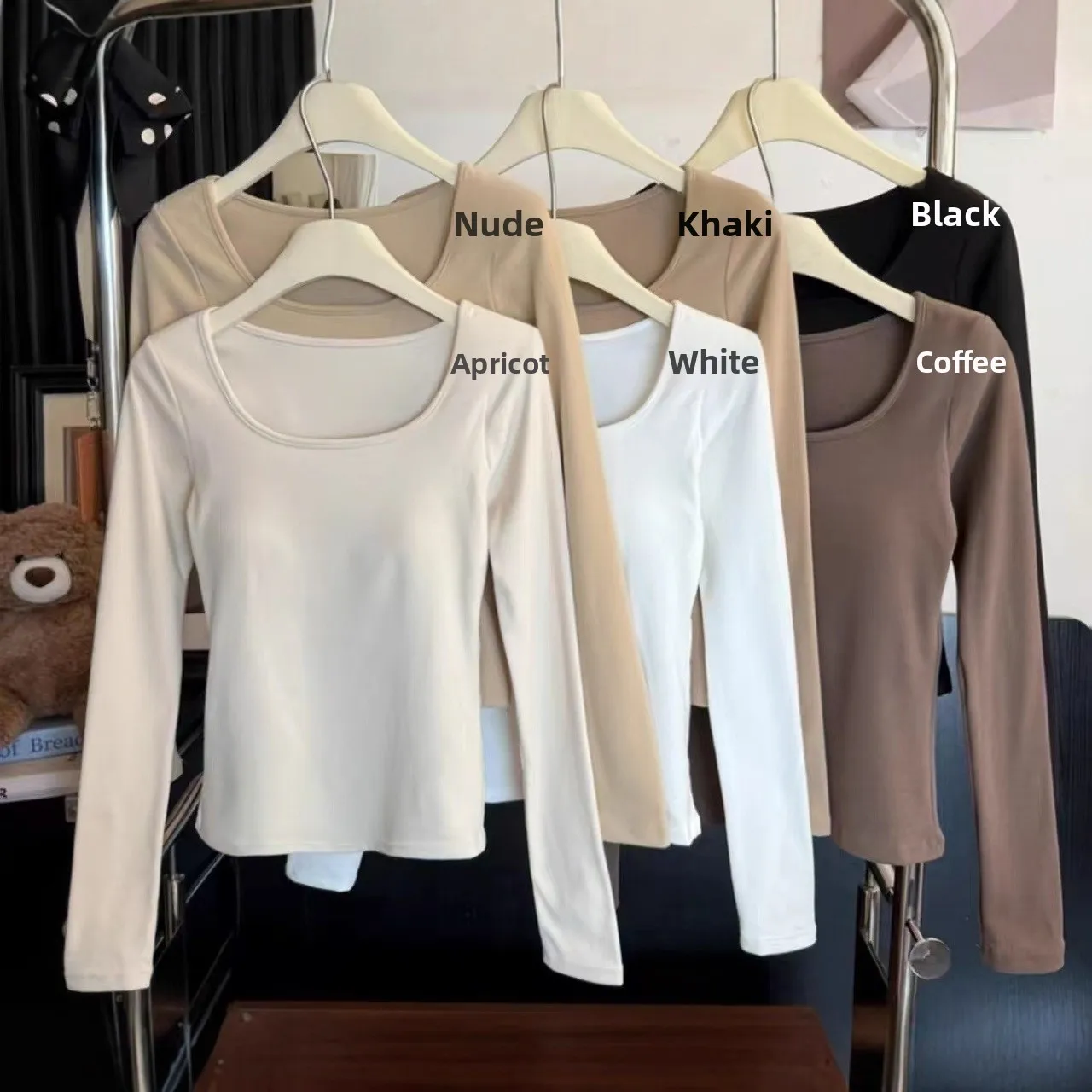 Thickened Long Sleeve U-Neck Women's T-Shirt Warm Fleece Lined Base Layer Shirt Autumn Winter New Style with Chest Pad Slimmi...