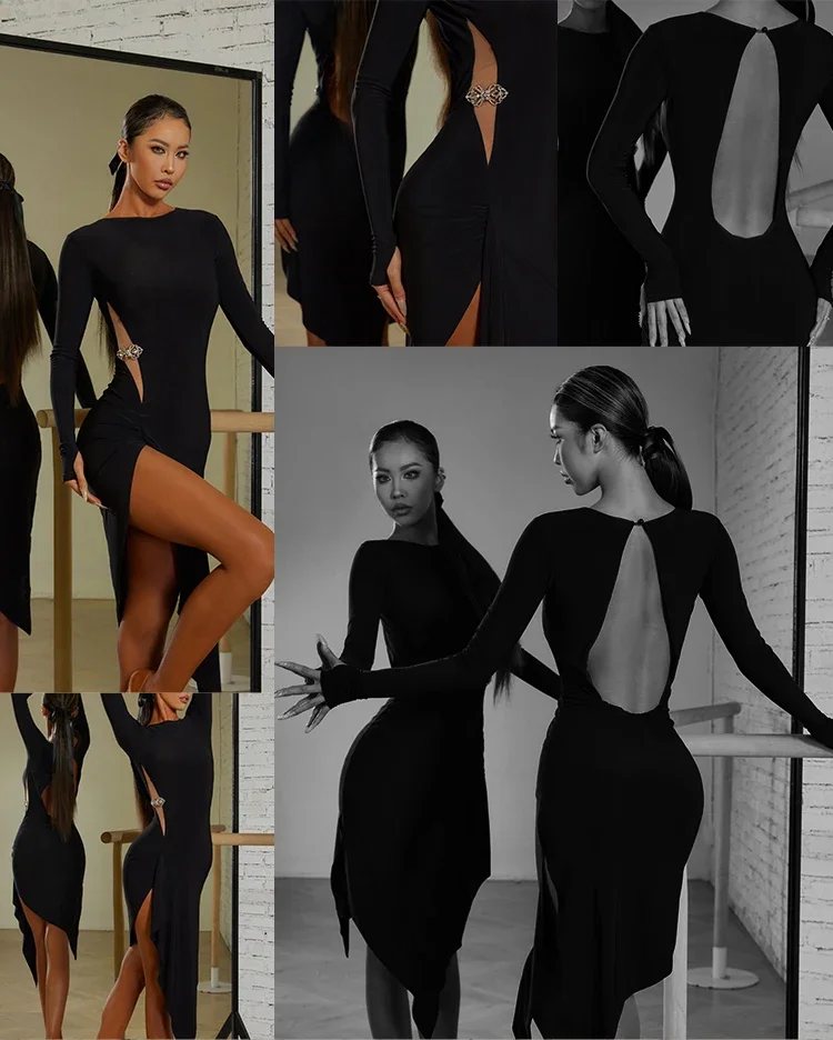 Vestido de dança latina franja para mulheres, Vestido tango preto, Vestido Rumba, Corte traseiro