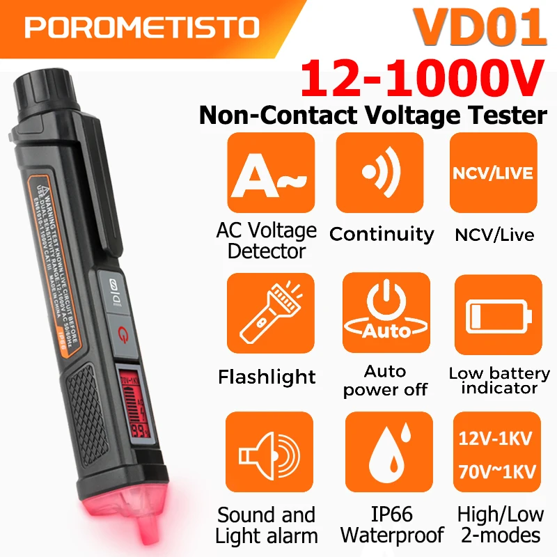 

POROMETISTO VD01 Бесконтактный детектор напряжения переменного тока Ручка Высокий/низкий двойной режим 1000 В Индикаторная лампа Электрический карандаш Тестер напряжения Палочка