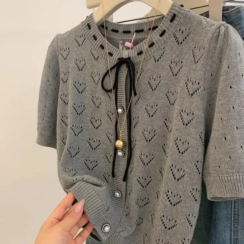 

Summer Hollow Out New Gray Knitted Cardigan Autumn Casual All-match Tops Mujer Short Sleeve Summer Sweaters Mujer Crop Tee