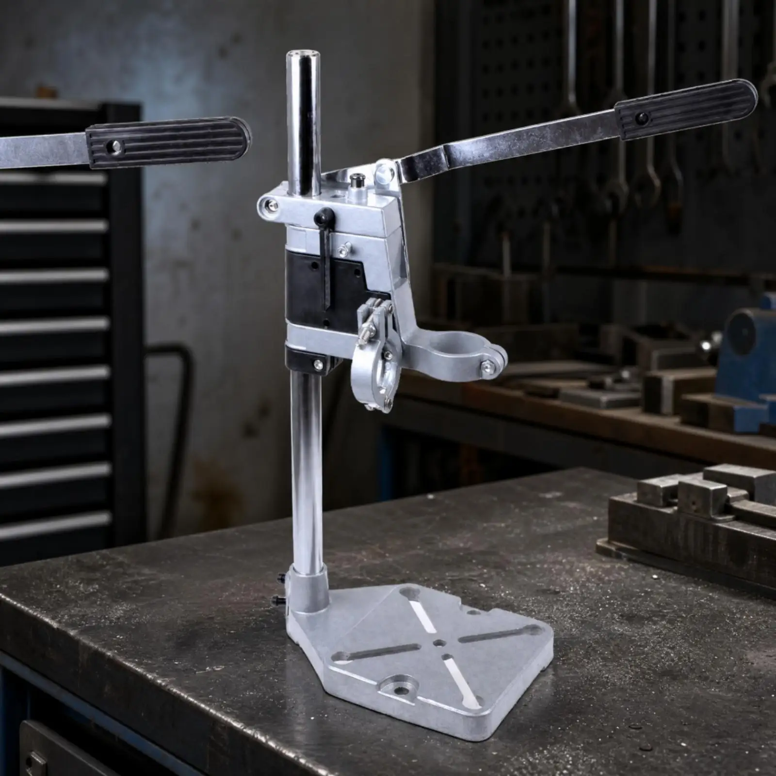 Stable Workshop Drill Stand with Slotted Table Clamp Mount for Precision Grinding and Cutting