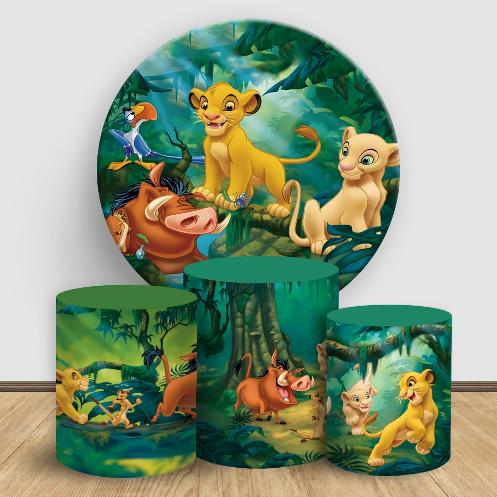 

Disney Lion King Round Backdrop Forest-themed baby boy shower Elastic cylinder cake background cover Photography party decor