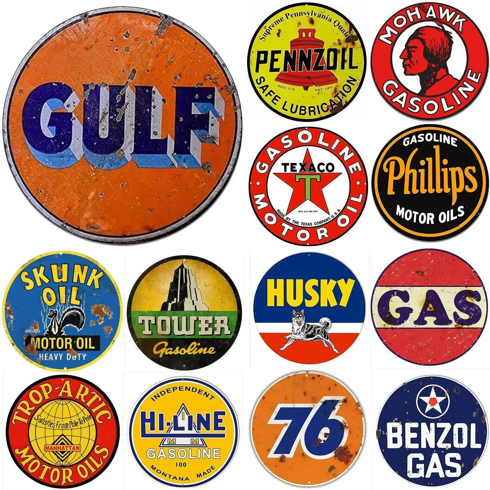 Retro Husky Motor Oil Mohawk Gulf Pennzoil Gasonline Round Metal Aluminum Signs Garage Gas Oil Station Man Cave Bar Wall Decor