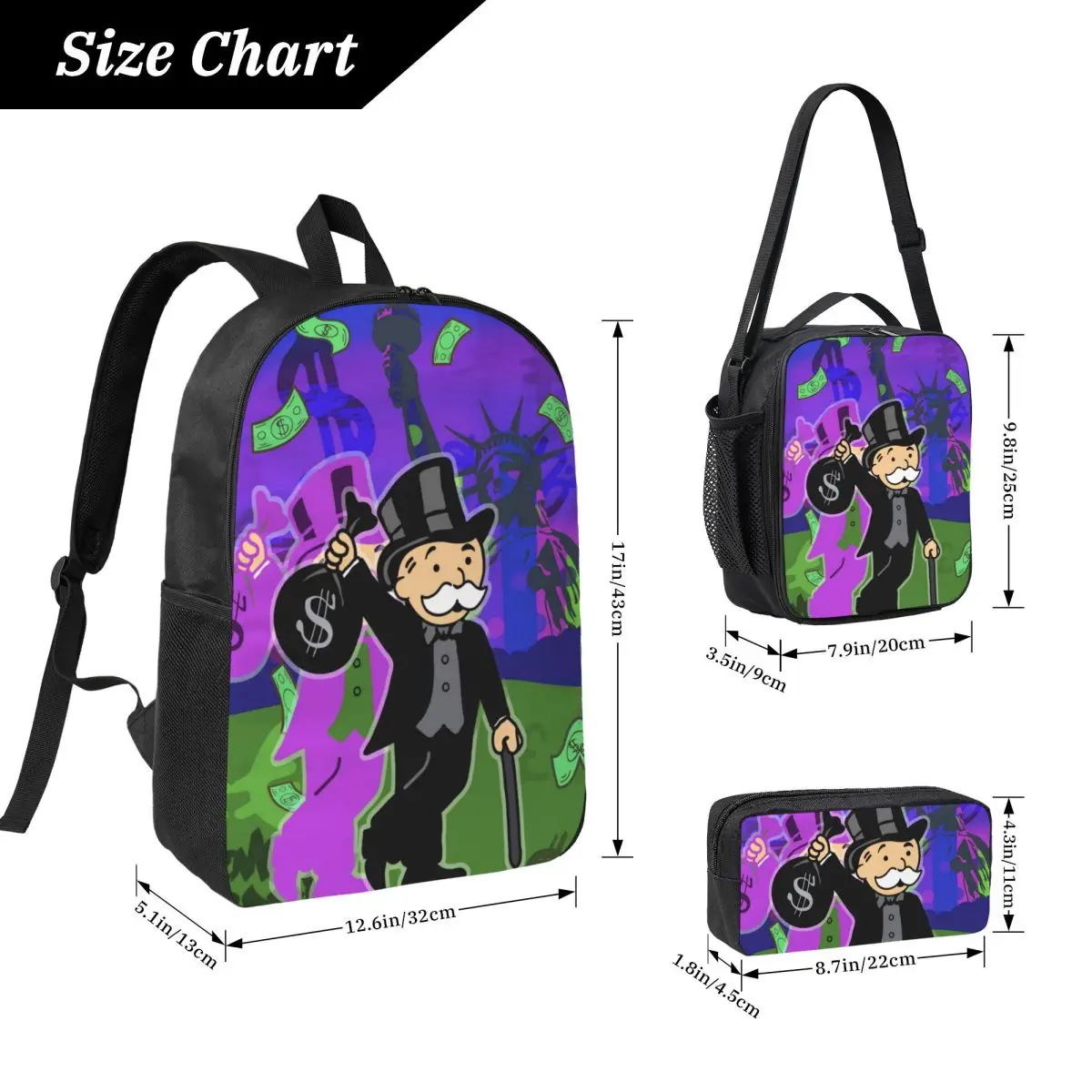 3Pcs Alec Monopolys School bags Set for Children Pencil Boxes Backpack Sets with Lunch Box For School Students Knapsack