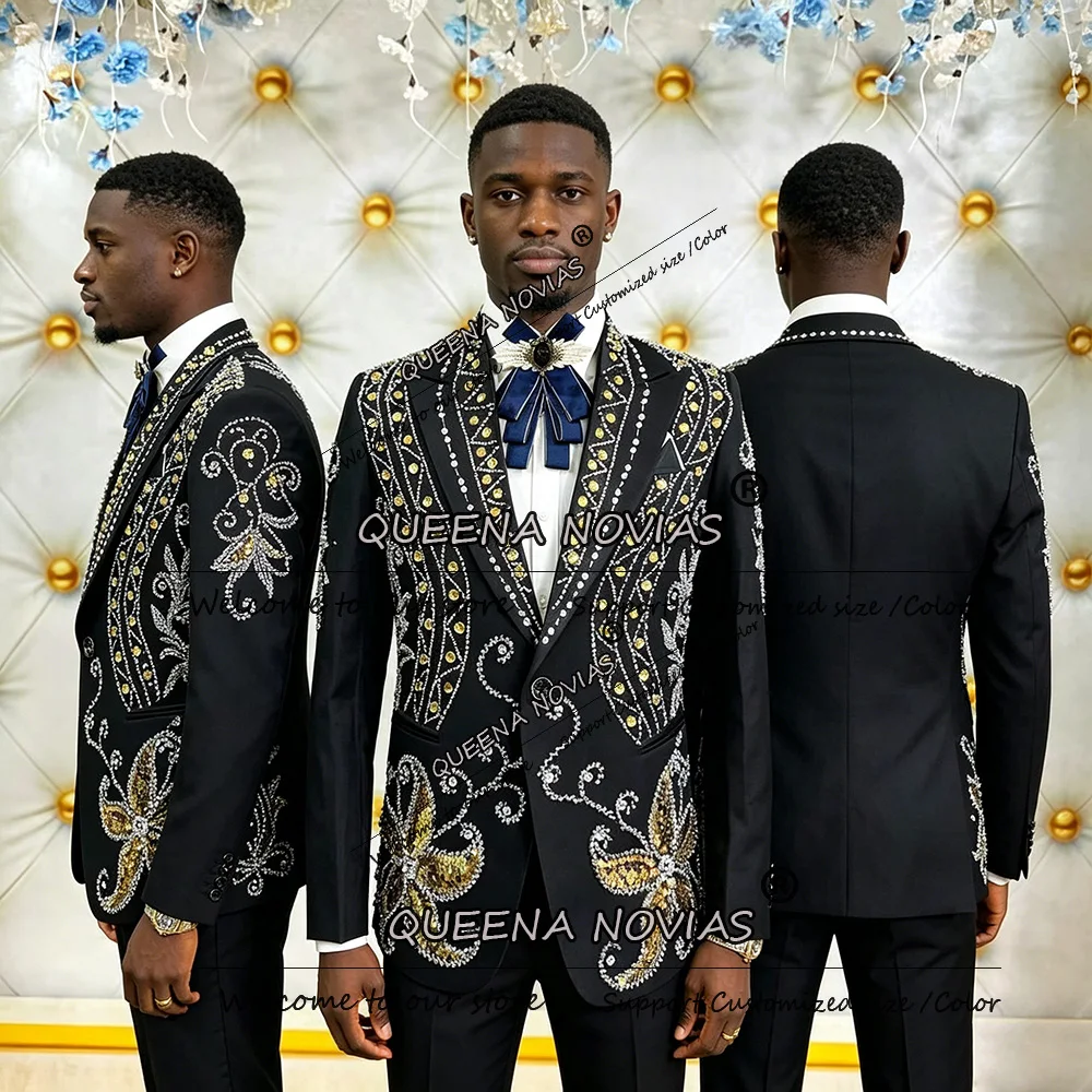

Brilliant Beading Crystals Suit Man For Wedding Single Breasted Prom Blazer Customized 3 Piece Sets Groom Tuxedo Slim Fit Outfit