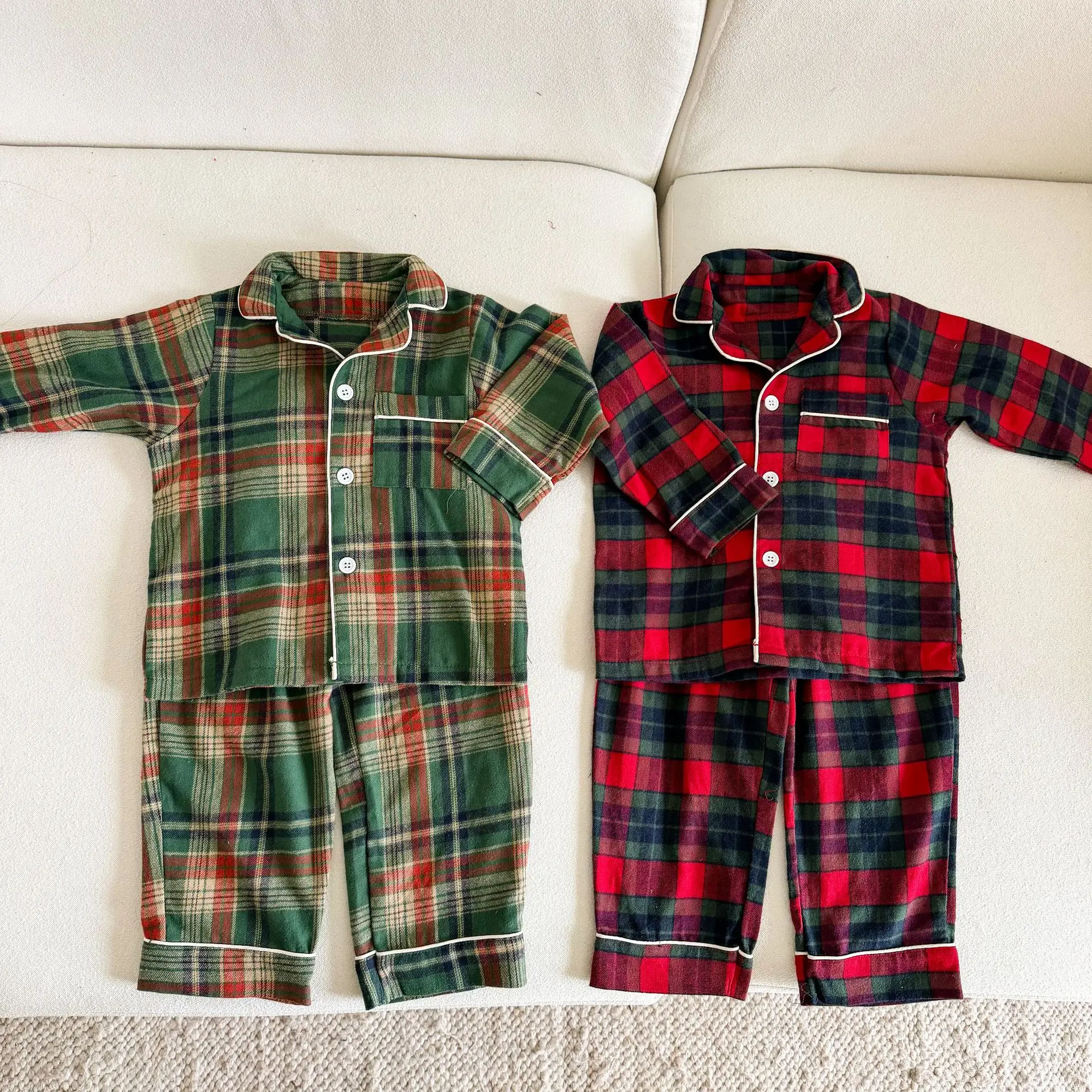 Set 2026 Autumn and Winter New Children's Clothing Korean Style Boys and Girls Christmas Check Pajamas Brother and Sister