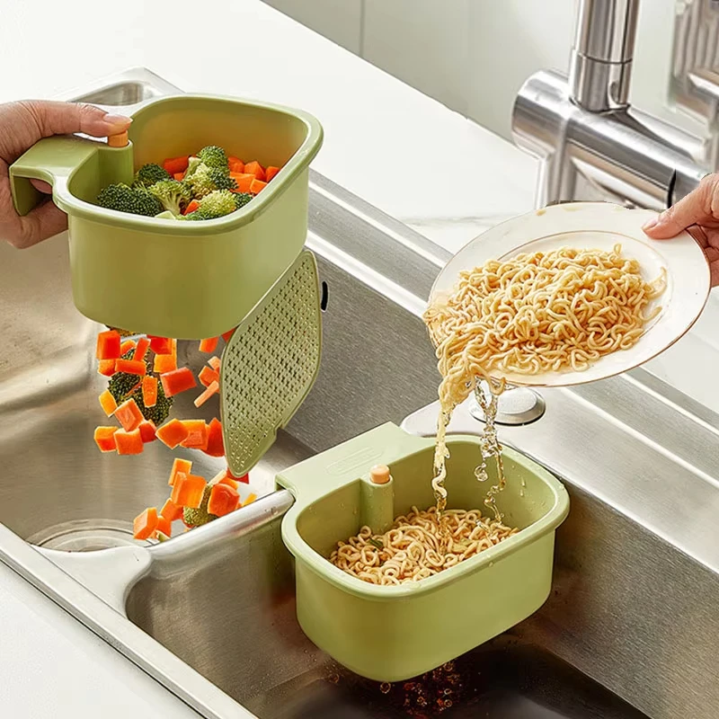

Kitchen Drain Basket Square Shape Sink Hanging Filter Adjustable Automatic Dumping Basket Sponge Brush Fruit Vegetable Rack