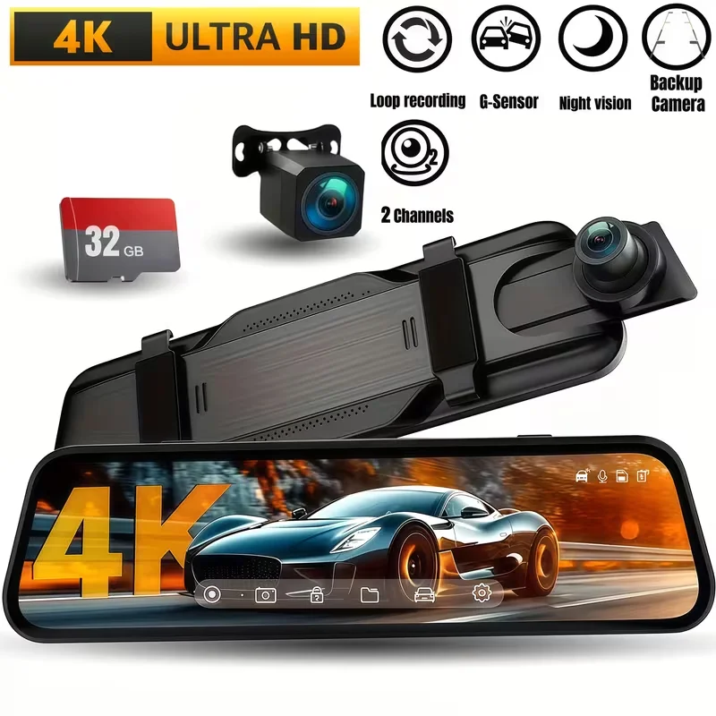 

10-дюймовая видеорегистратор 4K для автомобилей | Полный сенсорный экран, ночное видение, резервная камера, циклическая запись, 24-часовой монитор парковки, подарок водителя