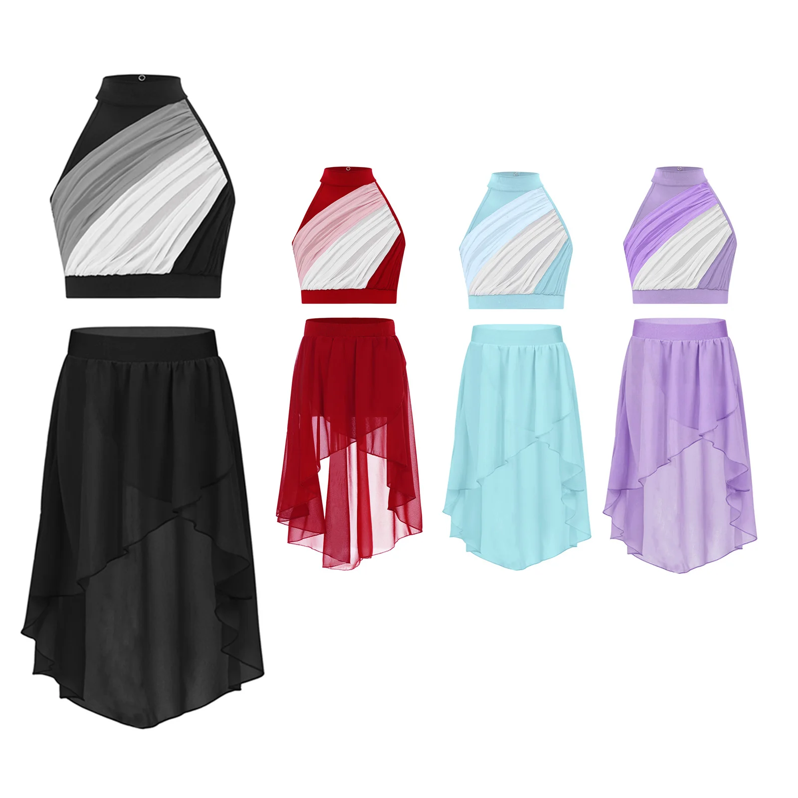 Set Tari Liris Balet Anak Perempuan Atasan Crop Belakang Lubang Kunci Depan Ruched Tanpa Lengan dengan Rok Tinggi-Rendah Pertunjukan Tari Modern