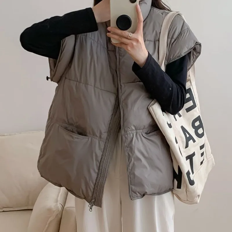 

Autumn Winter Versatile Stand Collar Cotton Padded Vest Women's New Korean Style Loose Parkas Thick Warm Sleeveless Bread Coat