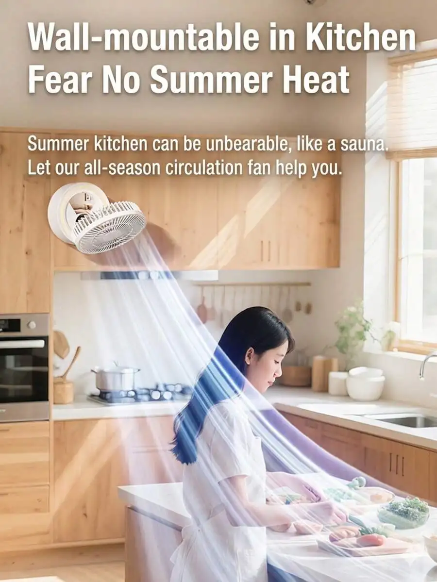 

Wall-Mountable Circulation Fan With USB Rechargeable Quiet Operation 5 Speeds For Kitchen Office Bedroom