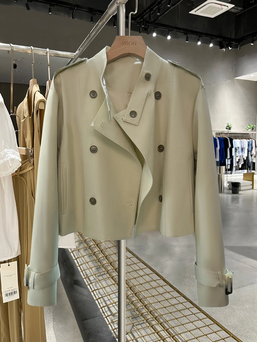 

Beige Short Coat Jacket Women's Stand Collar Utility Spring Autumn New Style Korean Casual Cotton Modal Fiber Double Breasted
