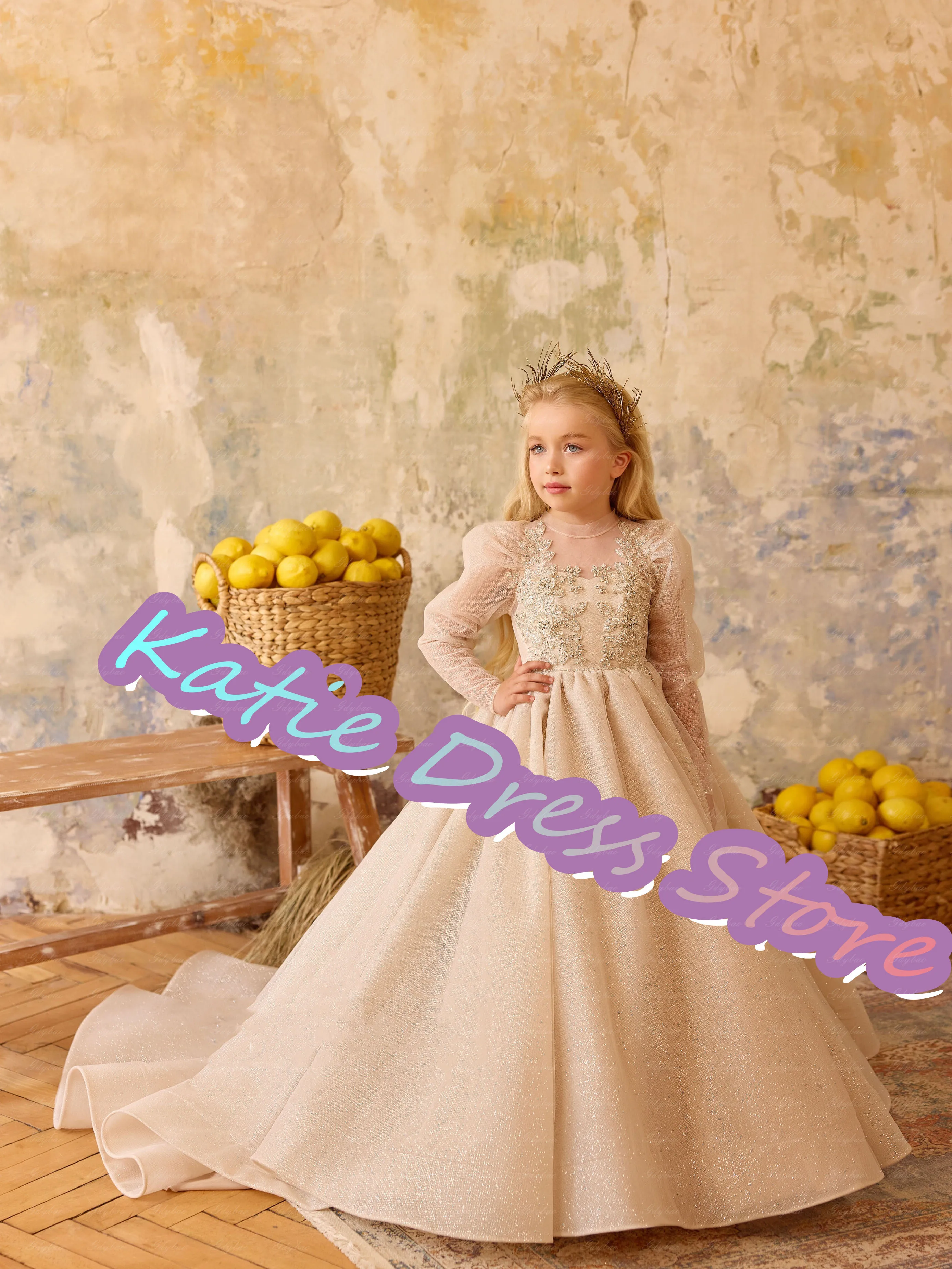 Robe à fleurs élégante personnalisée pour filles, pour mariage, en Tulle, avec des appliques bouffantes avec nœud, robe de princesse pour fête d'anniversaire pour enfants, première Communion