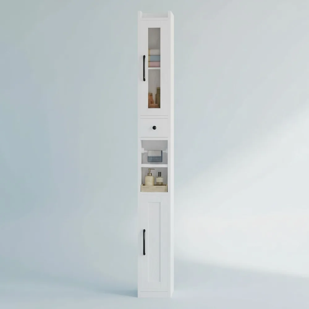 

Tall Slim Bathroom Cabinet with Drawer, Adjustable Shelves for Small Spaces, Freestanding Storage in White