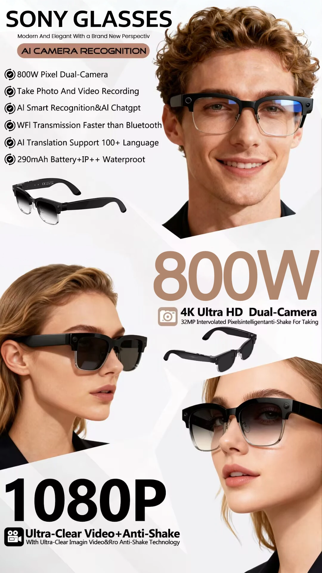 New Upgrade 800W Pixel Smart Glasses With Camera Video Recording AI Photo Recognition Call Language Translation Voice Sunglasses