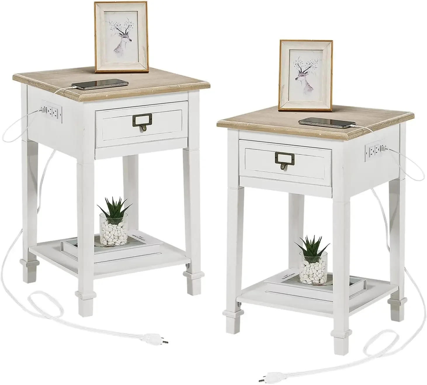 End Table with Charging Station,2 USB Ports and 2 Outlets,Nightstand Bedside Table with Drawer and Open Storage Shelf,for Living