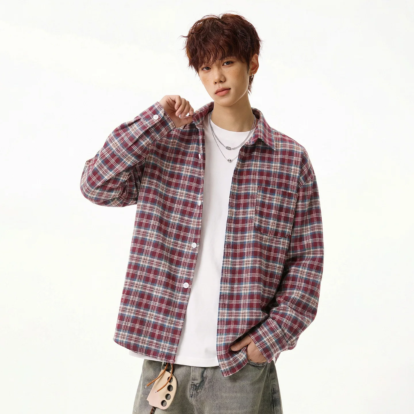 2026 American Check Long-Sleeved Shirt Men's Spring Style Multi-Functional Checkered Collar Shirt Couple Coat