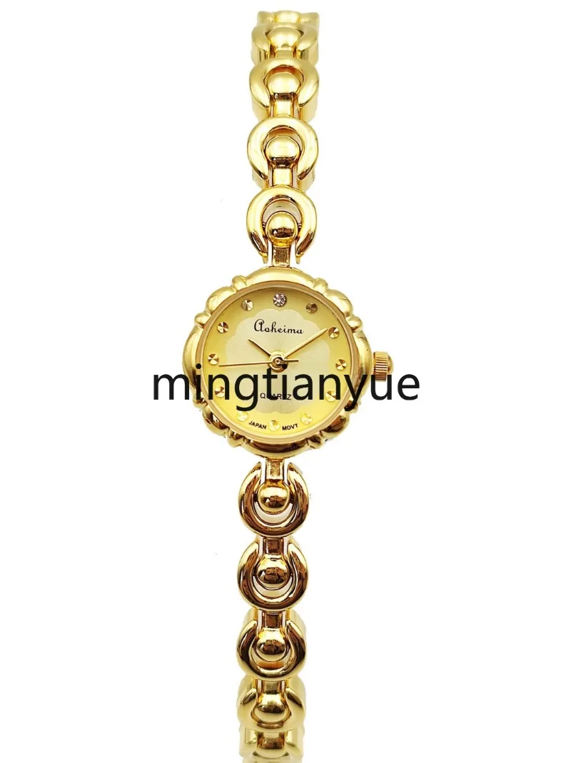 Light Luxury Mini Flower-Shaped Imported Movement Gold-Plated Retro Waterproof Quartz Watch for Female Students