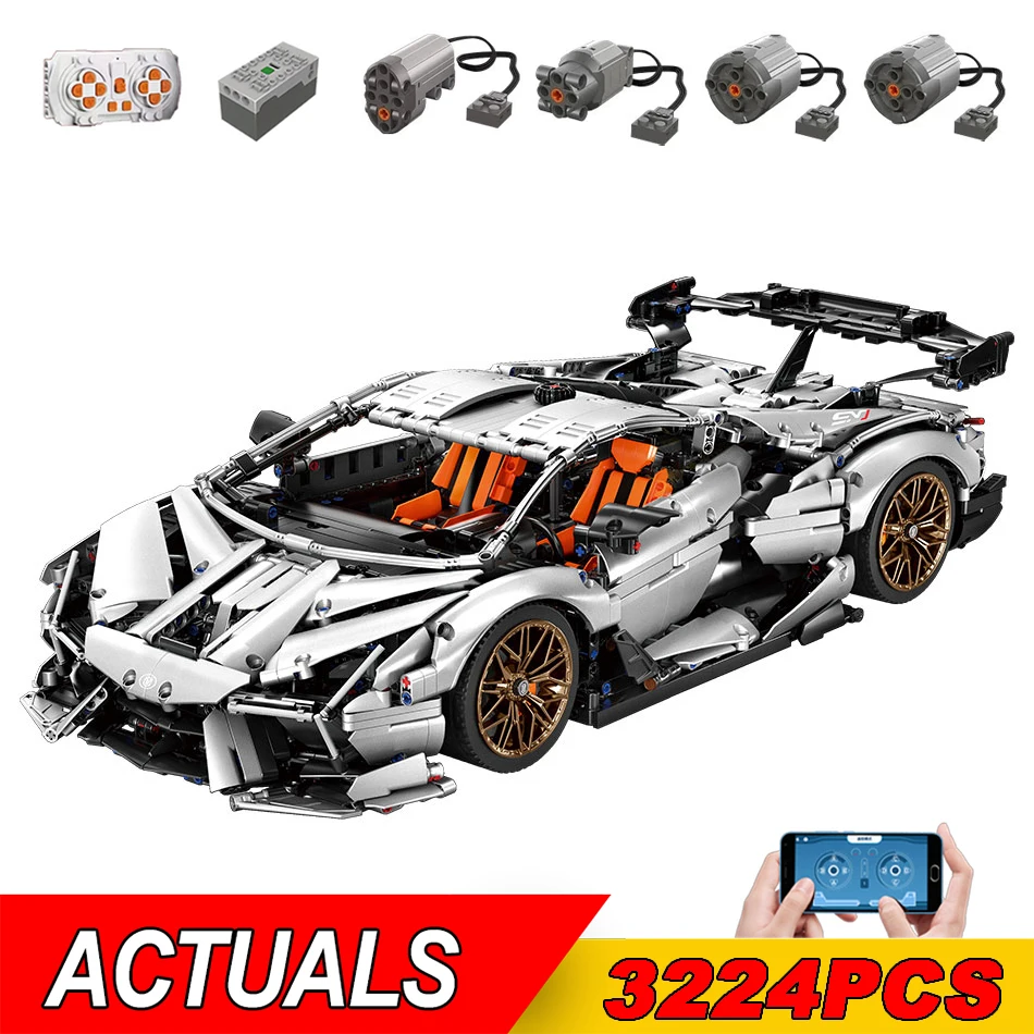 

NEW Technical APP Remote Control Moter Power Lambor Svj Building Blocks Bricks Super Sports Car MOC Sets Toys Kids Modular Gift