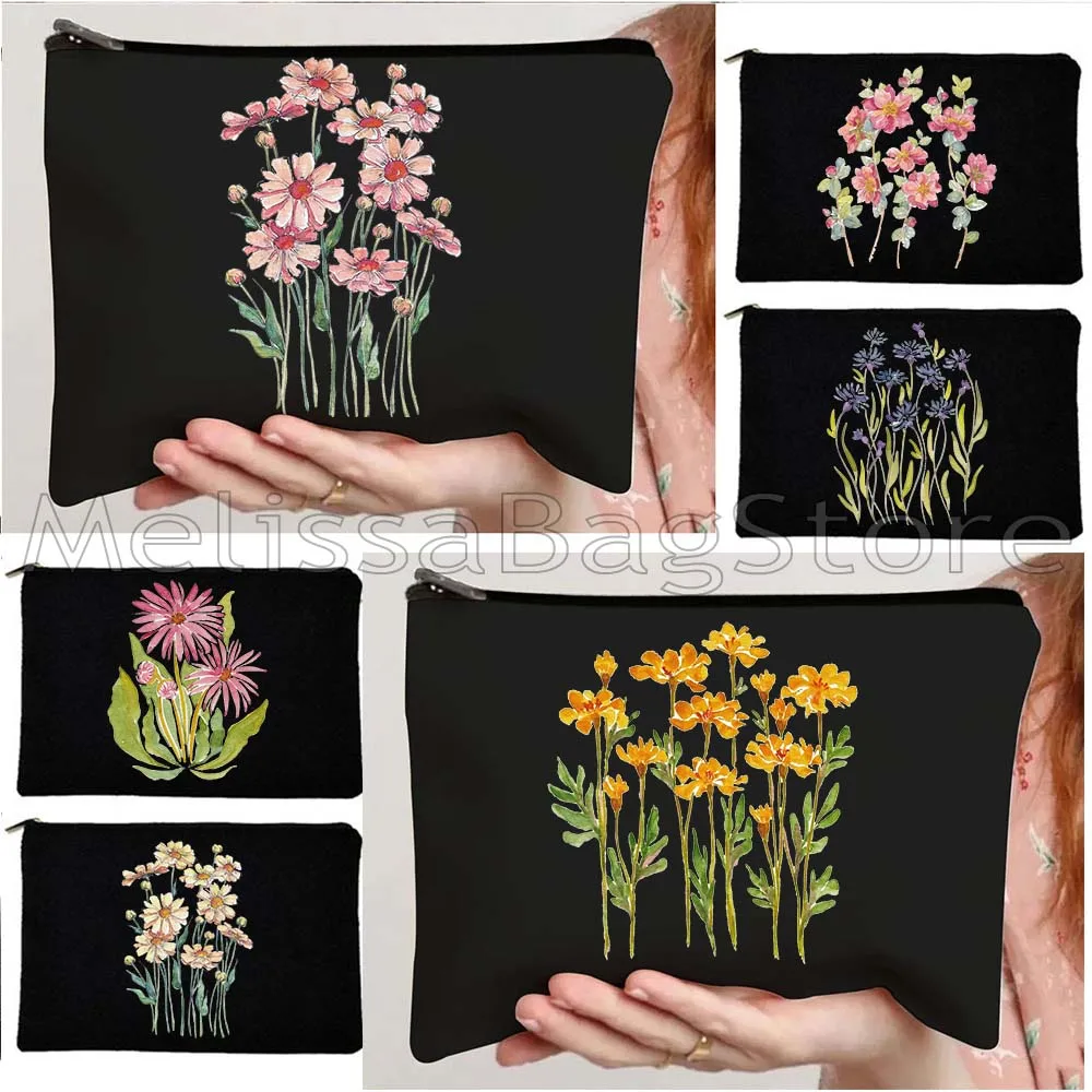 Bolsa de Maquillaje y Cosméticos con Diseño de Flores Acuarela, Margaritas Malva, Amapolas Florales, Lila, Bonito Ramo de Flores Silvestres e Iris