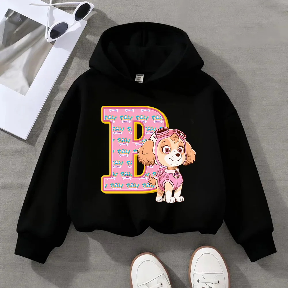 PAW Patrol Child Black Long- Sleeve Hoodie Girls Skye Polyester Top Cartoon Letter A-Z  Printed Pullover Children Birthday Gifts