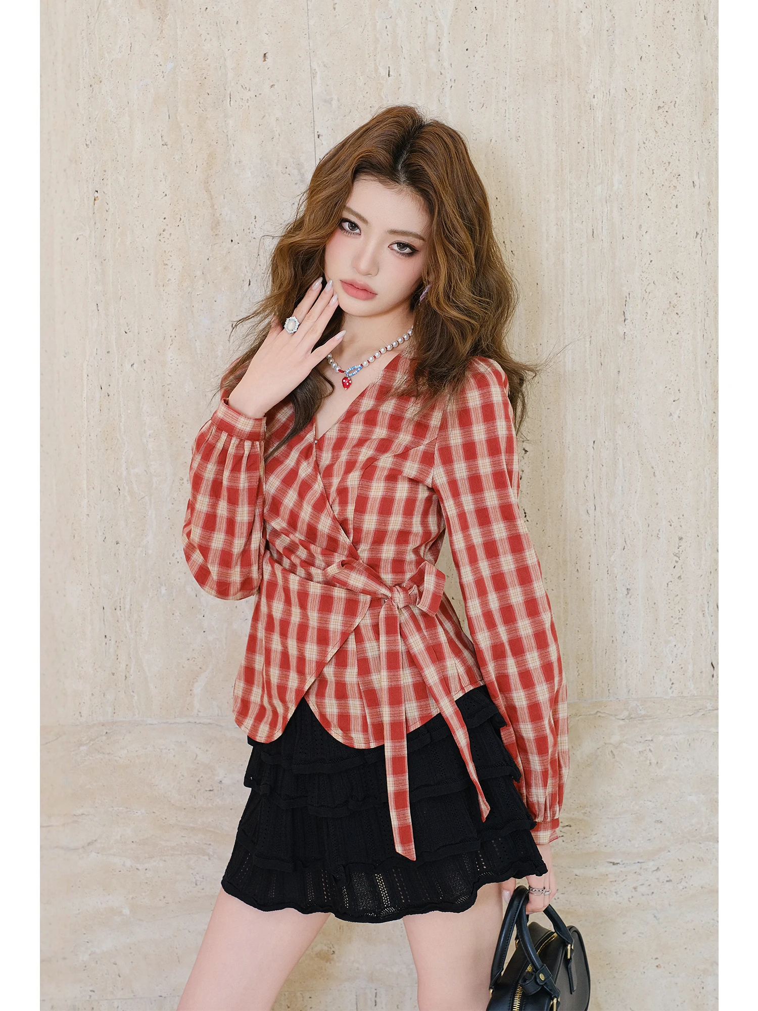 

MIUCO Premium Red Plaid irt Women's Folded Collar Cross V-ne Waist Cinched Belted Ele Long Sve Top