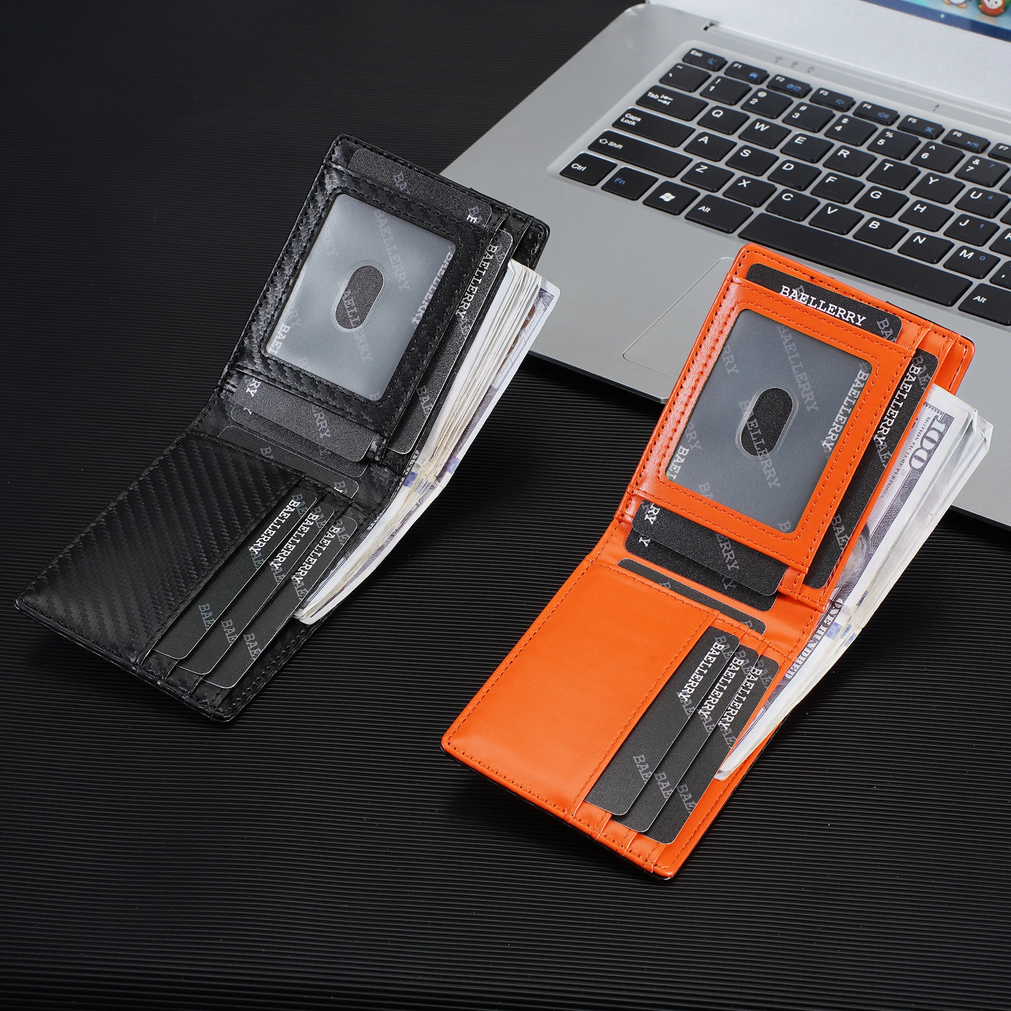 High Quality Carbon Fiber Short Men's Wallets Slim Portable Purses with Name Engraving Photo Clips for Male