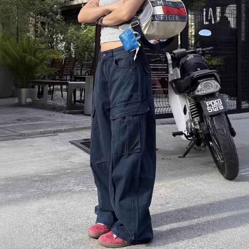Calças Cargo Unissex Azul Escuro para Homens e Mulheres, Jeans Baggy de Perna Larga, Calças de Denim com Múltiplos Bolsos, Streetwear Y2K, Calças de C